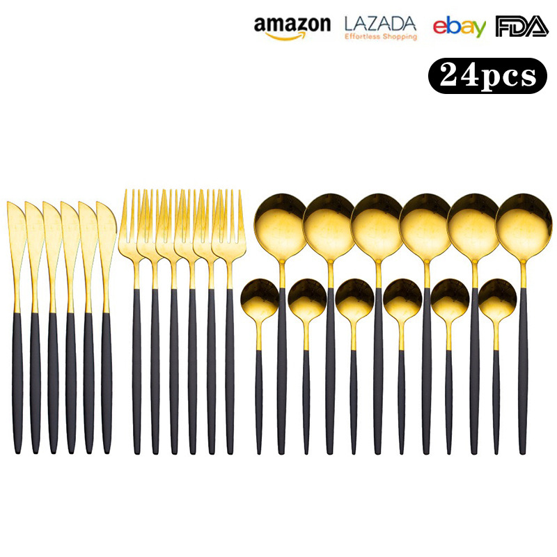 Transfronterizo de Amazon 24 piezas de acero inoxidable traje de vajilla Portugués Occidental cuchillo de carne, tenedor y cuchara de titanio chapado en oro cuchara