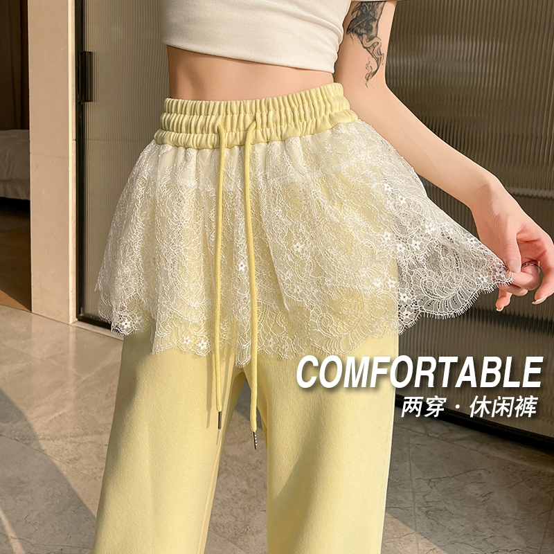 Дизайнерские кружевные леггинсы, повседневные брюки для женщин, весенне-летние свободные кружевные брюки с высокой талией, широкие брюки длиной до пола