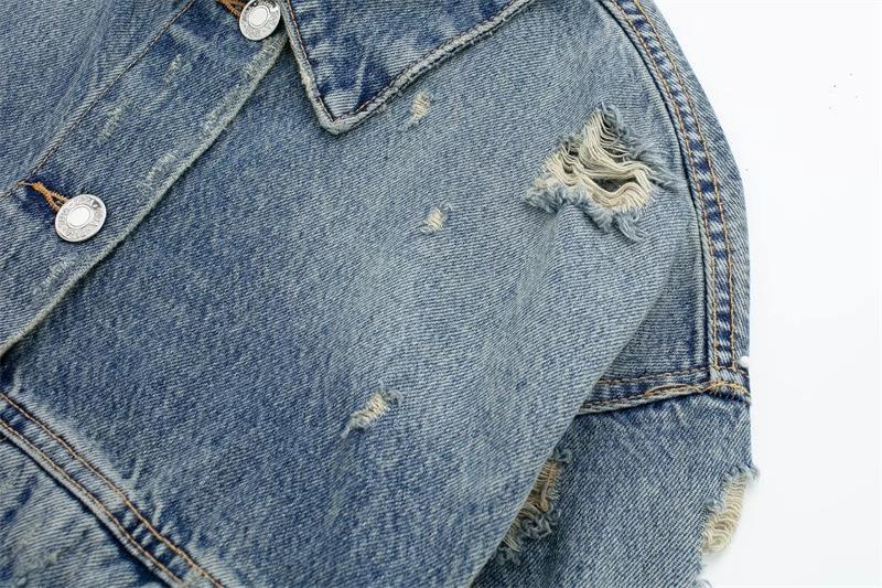 Retro Denim Jacket For Women Long Sleeved Collared Distressed Top_voghion.com