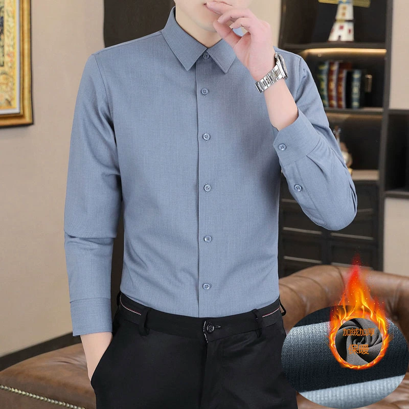 Tiktok модная Однотонная рубашка с лацканами и длинными рукавами на флисовой подкладке, мужская осенне-зимняя новая теплая легкая деловая рубашка-кардиган