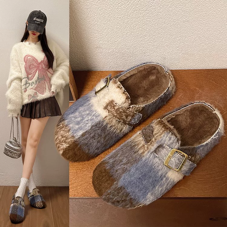 Теплые домашние тапочки на толстой подошве с цветовыми блоками, женская уличная обувь, новинка зимы 2025, закрытые полутапочки без застежек.