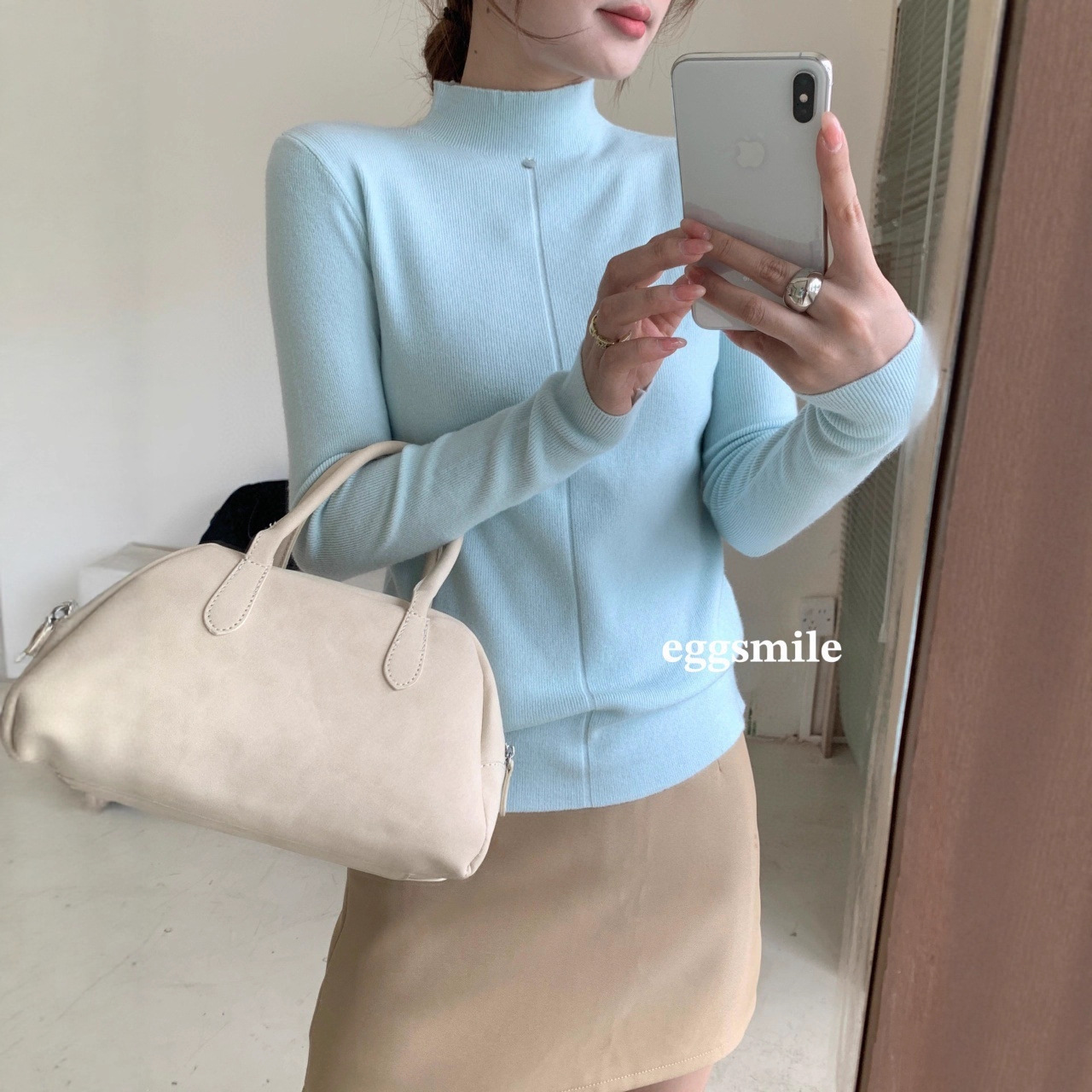 2025秋冬款贝壳两穿半高领针织打底衫女韩版修身显瘦圆领保暖内搭