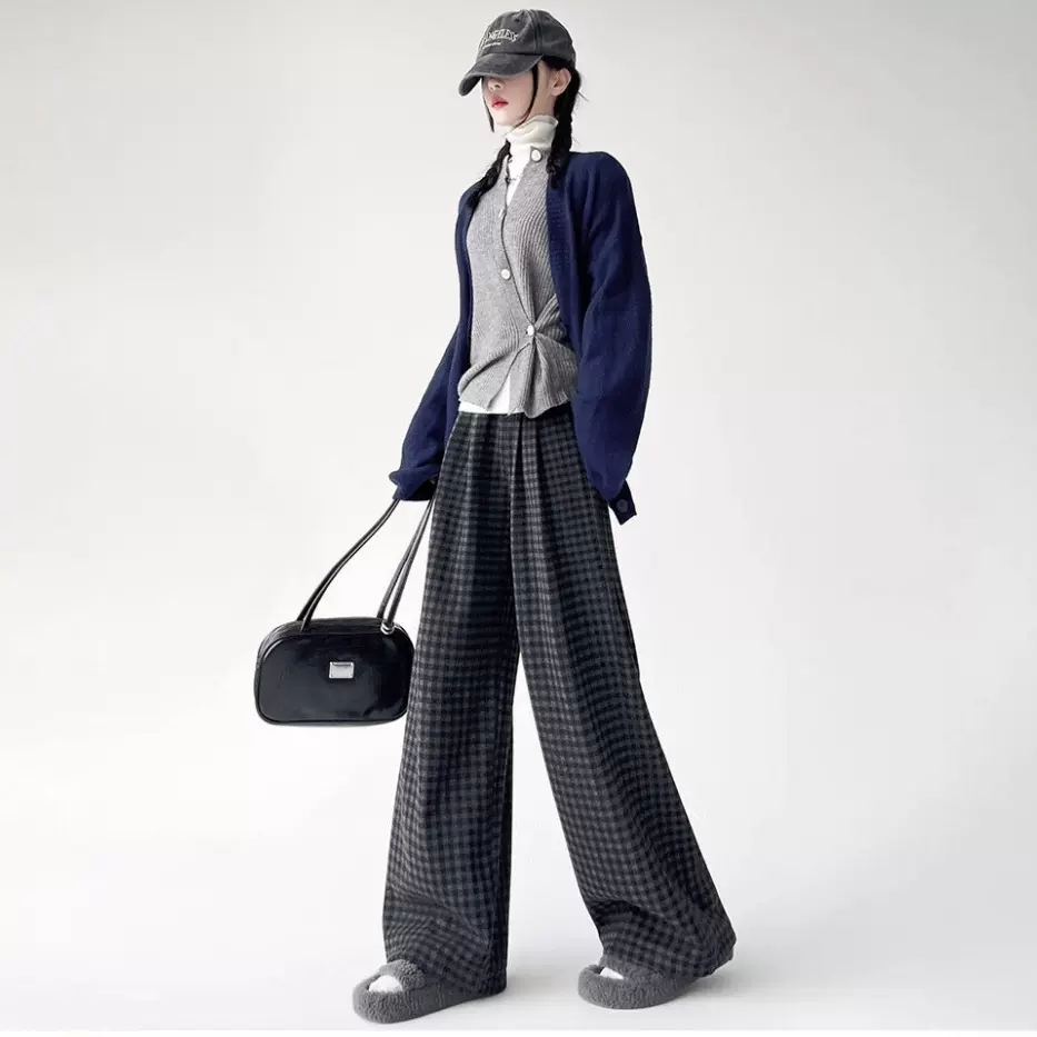 加绒加厚毛呢格子裤女秋冬款高腰显瘦直筒休闲裤宽松慵懒风阔腿裤