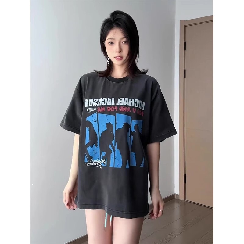 Hermitcreate Washed Black American Heavy-Duty Short-Sleeve Men's Cleanfit Trendy High Street Rock Band T-Shirt