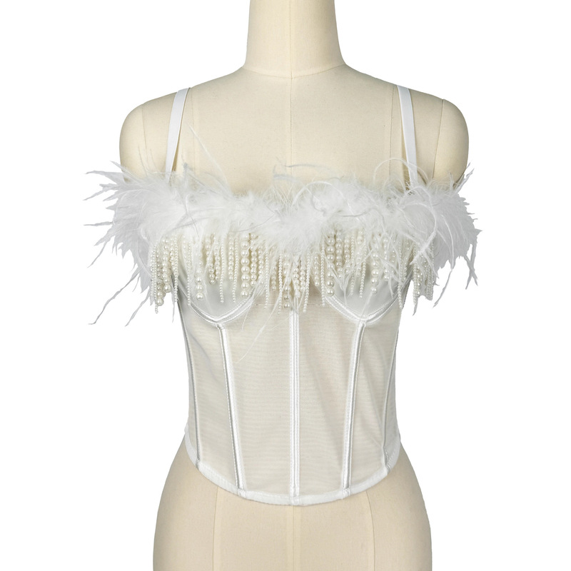 Pearl Feather Sexy Fishbone Corset Autumn and Winter Matching Tube Top Beautiful Back Suspender Tassel Stage Camisole Pearl Feather Sexy Fishbone Corset Autumn and Winter Matching Tube Top Beautiful Back Suspender Tassel Stage Camisole