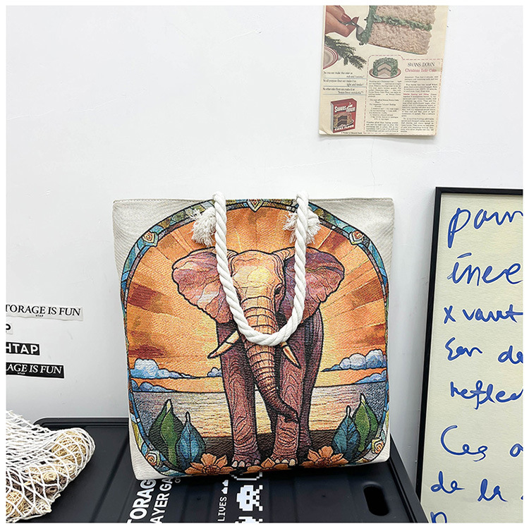 300g Weight Polyester Lining Material Zipper Closure Type Single Shoulder Strap Strap Type Tote Bag Bags Type Holiday, Travel Occasion Canvas Material Elephant Pattern All Seasons Season Women's Gender Ethnic Style, Classic Style Style Square Shape Medium Size Women's Medium Canvas Elephant Ethnic Style Classic Style Square Zipper Tote Bag 19
