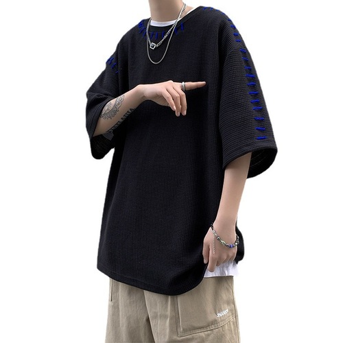 Waffle Short Sleeve T-Shirt American Street Style Ins Couple Men Half Sleeve Summer Heavyweight Loose Trendy Cool Shirts