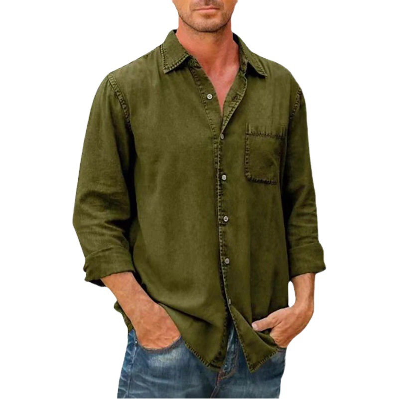2022 Amazon nueva camisa de otoño para hombre solapa bolsillo de color sólido camisa de un solo pecho camisa de manga larga para hombre