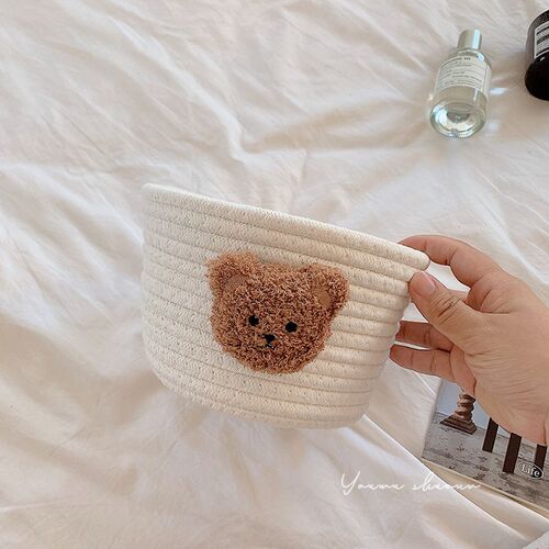 Ins-style cotton rope storage basket, woven teddy bear desk organizer, storage basket for miscellaneous hair clips, hair ties, keys, and item holder
