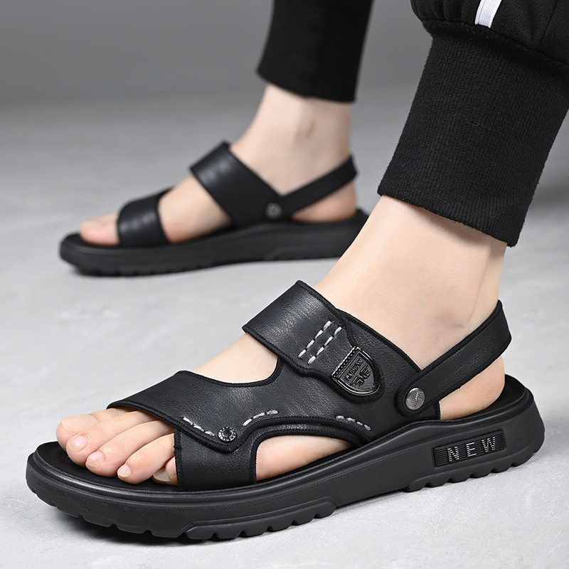 Dép sandal nam quai ngang hở ngón đế dày lót cao su mềm, đi ngoài trời và đi biển — QS991 màu kaki, QS991 màu đen