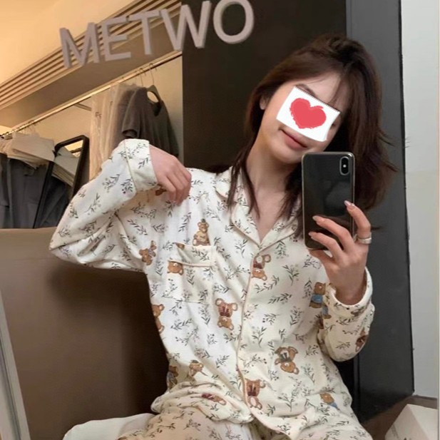 METWO 새로운 모네 가든 홈웨어 세트 만화 긴팔 투피스 잠옷 여성 면사 곰 잠옷