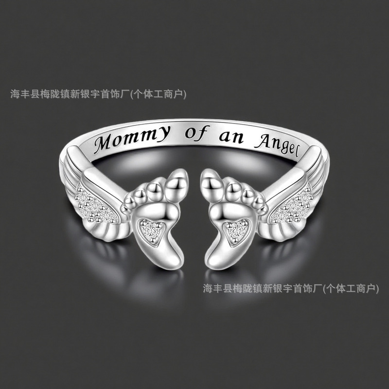 Cross-Border Fashion Simple S925 Sterling Silver Angel Footprint Open Ring Female Mother Gift Diamond Heart Wings