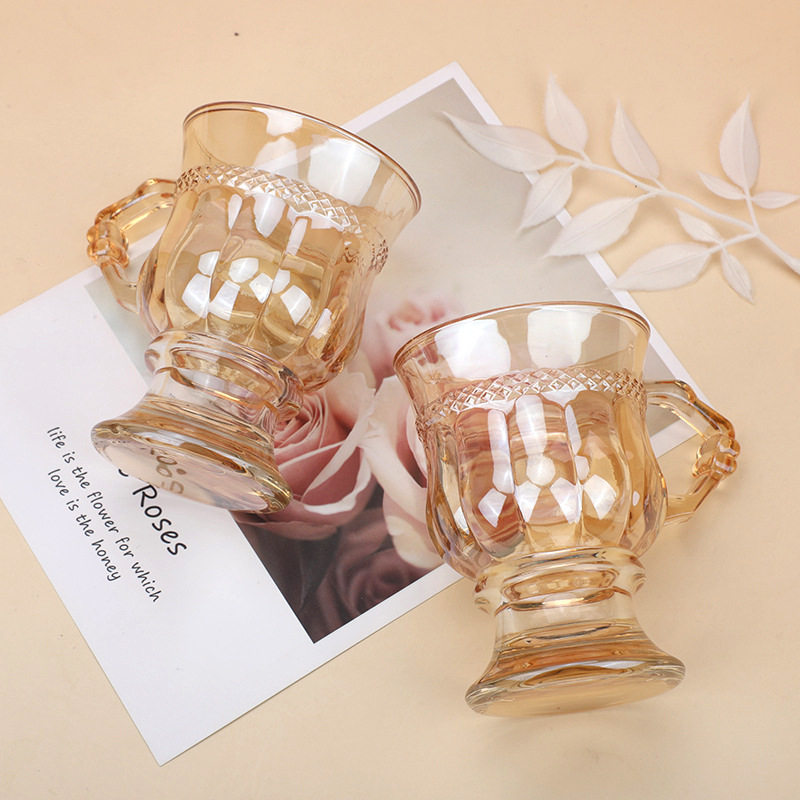 輕奢歐式玻璃水杯帶把家用杯琥珀色玻璃咖啡杯批發伴手禮禮品杯子