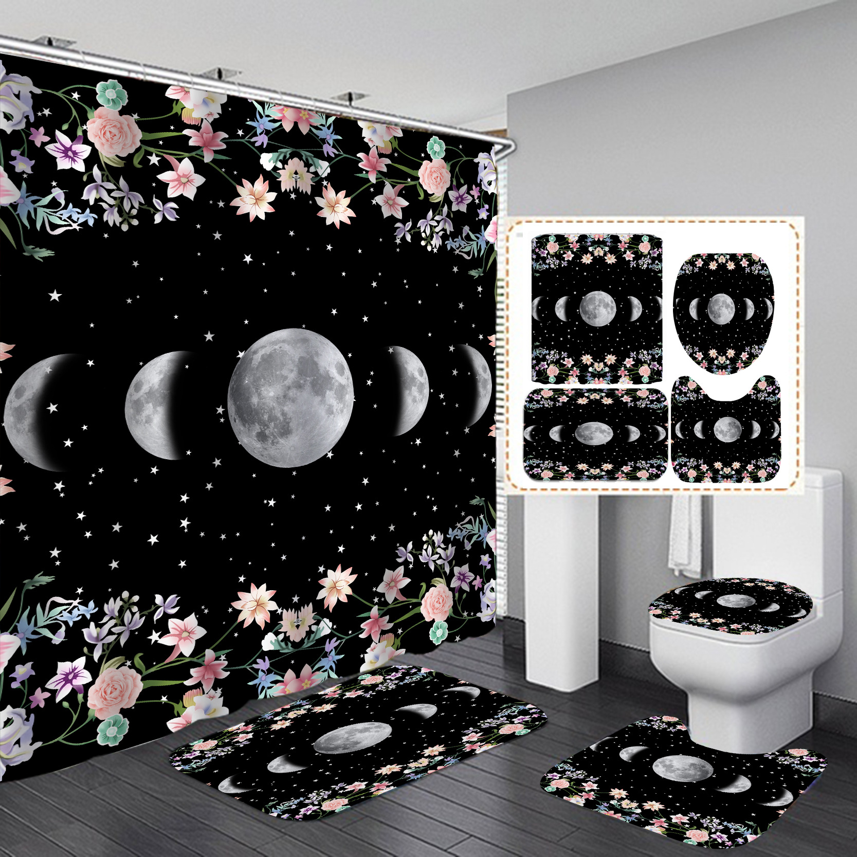 Amazon e-commerce HD impresión digital de alta gama Hotel baño flor Mang Luna partición Cortina de ducha suministro directo de fábrica