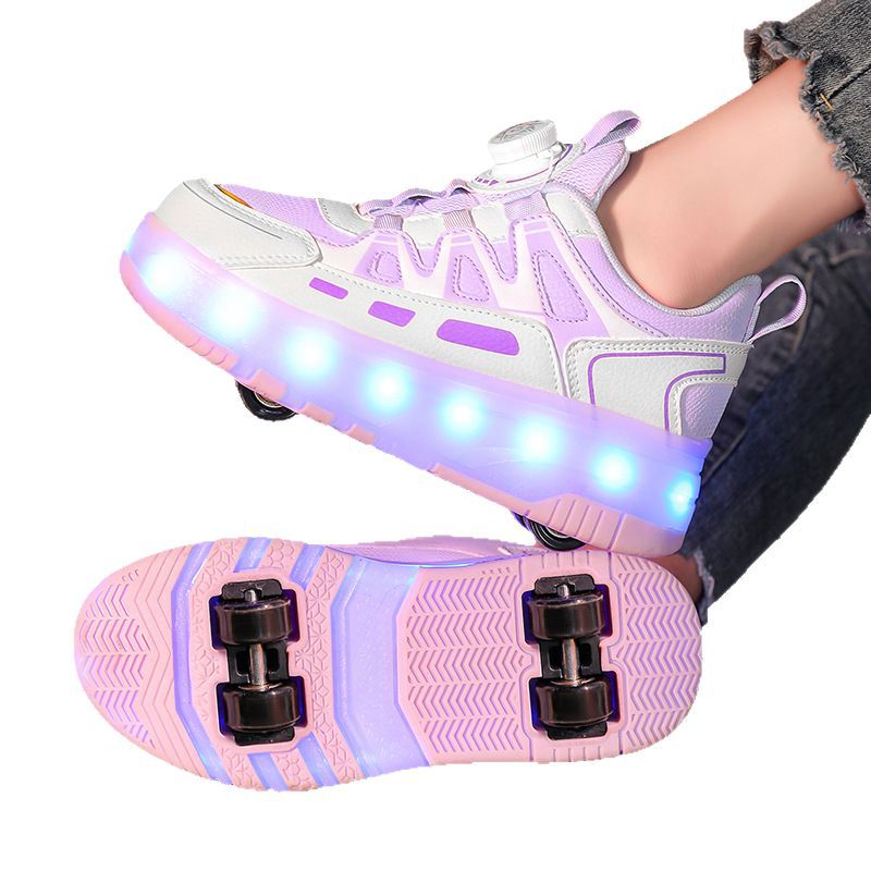 Cross-Border Heelys Shoes Manufacturer Children's Wholesale Rechargeable Luminous Shoes Adult Roller Skates with Light Wheel Rotating Button Shoes