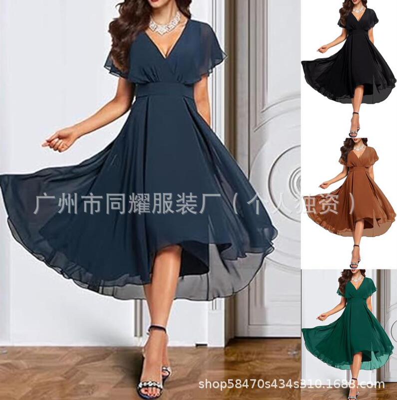 2026 Cross-Border European and American New Style Elegant and Fashionable Guest Party Wedding Guest Dress Chiffon Solid Color Dress 2026 Cross-Border European and American New Style Elegant and Fashionable Guest Party Wedding Guest Dress Chiffon Solid Color Dress