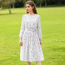 欧美度假休闲风碎花绑带收腰连衣裙女2025春夏亚马逊外贸田园风