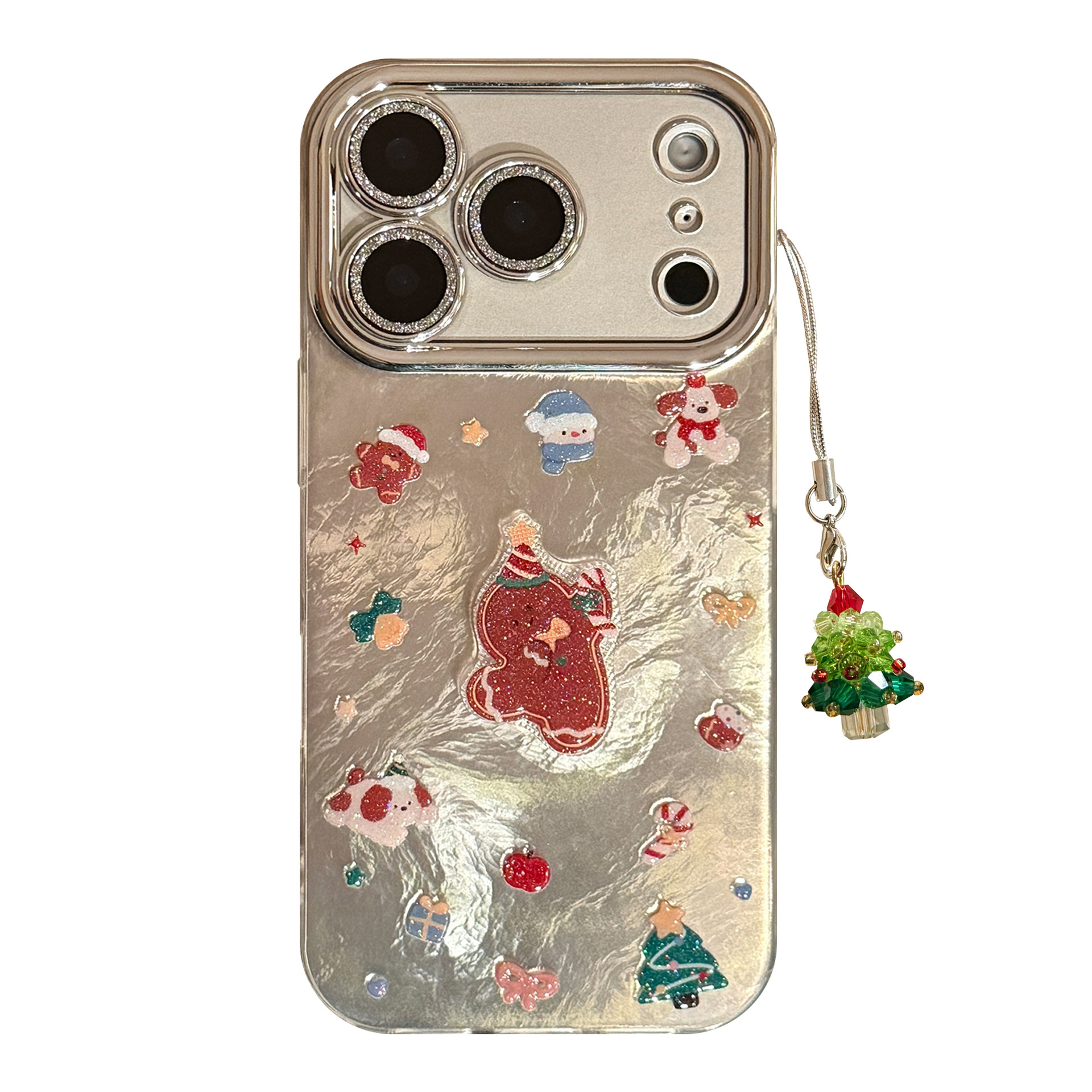 Gingerbread polvo brillante caso de teléfono celular humano para 17 película de lente Promax iphone 15 colgante de árbol de Navidad 13 estereoscópica 16