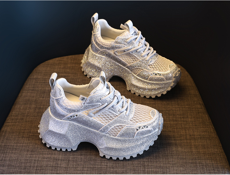 Giày sneaker nữ đế dày phối đá đính đầy mặt lưới thoáng khí — Xám bạc chi tiết 5
