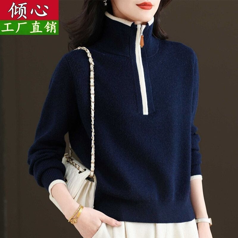 New autumn and winter women's half-zip wool sweater, loose fit, color-blocked knit base shirt, plus size, collared short sweater New autumn and winter women's half-zip wool sweater, loose fit, color-blocked knit base shirt, plus size, collared short sweater