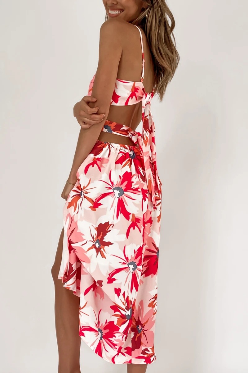 summer red floral print wrapped chest slit dress  NSCXY120969