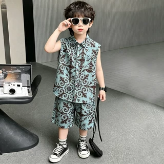 男童夏季套装儿童韩版背心衬衫短裤两件套2026新款小男孩休闲夏装