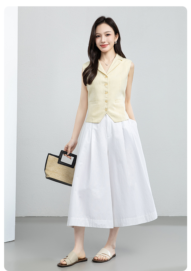 Quần culottes nữ ống rộng cạp cao vải linen cotton mỏng nhẹ mùa hè — màu trắng chi tiết 21