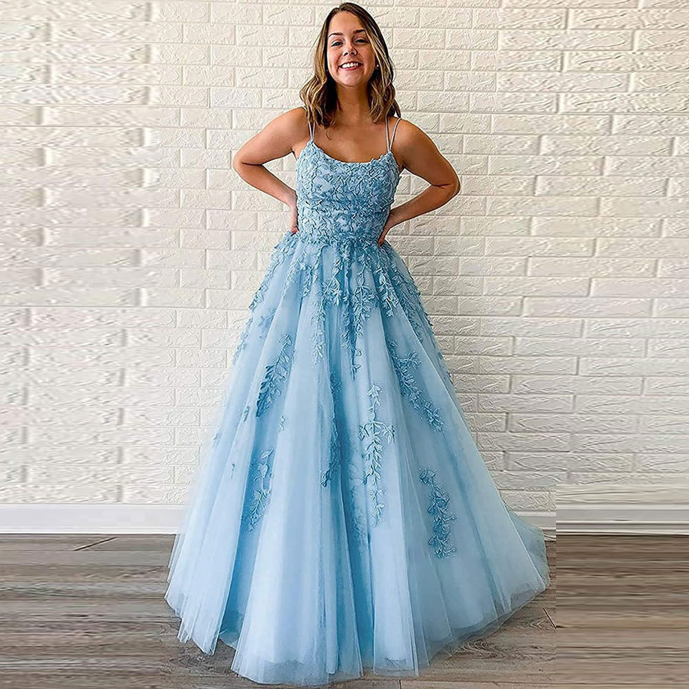 Amazon Comercio exterior espaguetis Correa baile vestido de noche largo tul encaje apliques vestido de fiesta de las mujeres