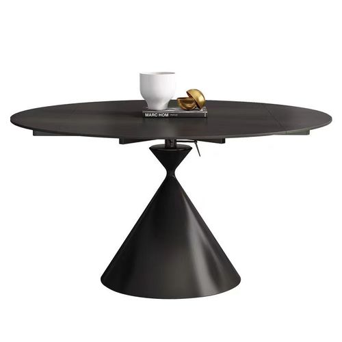 Black matte rock slab dining table with rotation, extension, and folding waltz design, square-to-round dual-use table