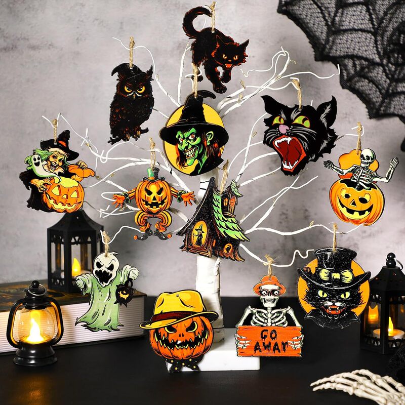 ハロウィン木製装飾ツリーレトロハロウィン吊り下げ装飾木製ハロウィン吊り下げ装飾カボチャ魔女黒猫木製カットアウト|undefined