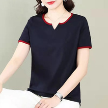 含棉中年妈妈夏装新款短袖恤女中老年宽松韩版遮肚子短款领上衣