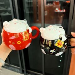 かわいい招き猫セラミックカップ、ミルクコーヒーカップ、オフィス装飾、蓋付き家庭用マグカップ、環境に優しい