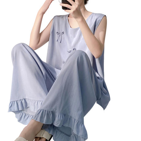 Cotton Silk Pajamas for Women, Summer Thin Sleeveless Long Pants Set, Fashionable and Stylish, Suitable for Outerwear, Cute, Plus Size, Loose-Fitting Loungewear