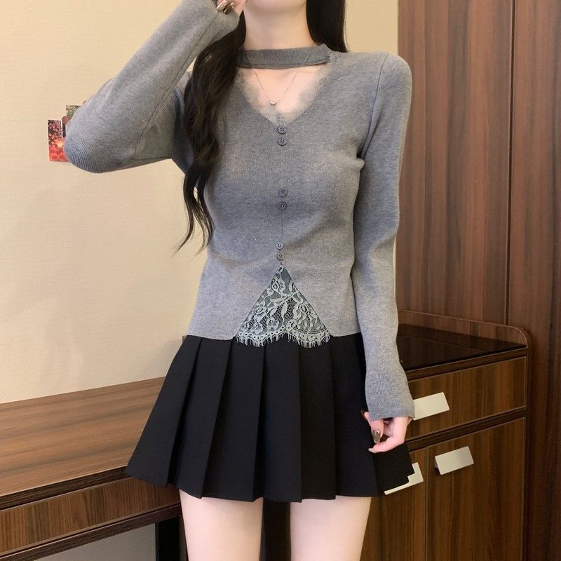 2025新款V领挂脖打底衫女秋冬内搭毛衣小个子亮色千金御姐上衣|undefined