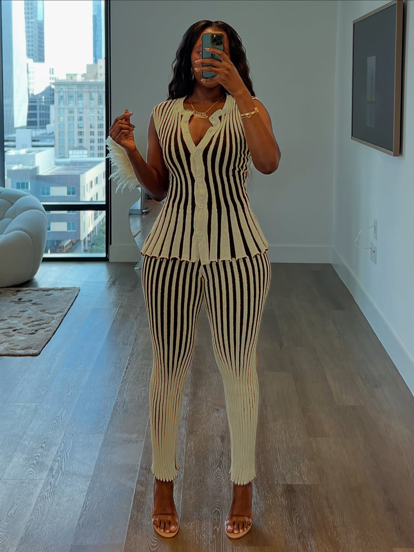 Modisches Gestreiftes Strick-set Mit Cardigan Und High-waist-hose_voghion.com