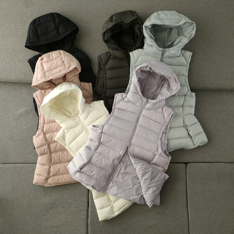 Women's hooded ribbed down vest, 90% white duck down, 2026 autumn/winter, puffy, waist-cinching, slimming, lightweight, trendy vest jacket