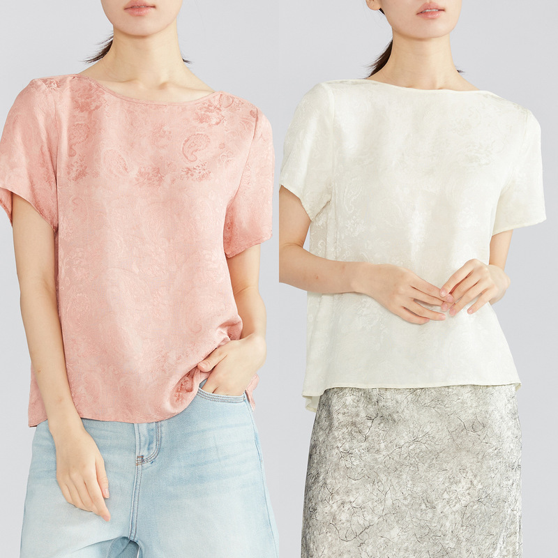 Multicolor 100% Mulberry Silk Jacquard One-Line Neckline Short-Sleeve T-Shirt, Loose-Fitting Silk Spring Top Multicolor 100% Mulberry Silk Jacquard One-Line Neckline Short-Sleeve T-Shirt, Loose-Fitting Silk Spring Top