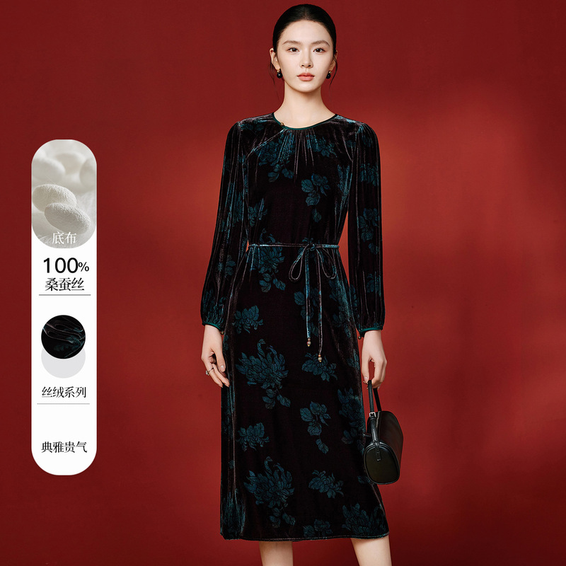 5635 Dropshipping 2026 Women's Silk Velvet Dress 100% Mulberry Silk Base Fabric Tie-Waist Chinese Style Long Dress