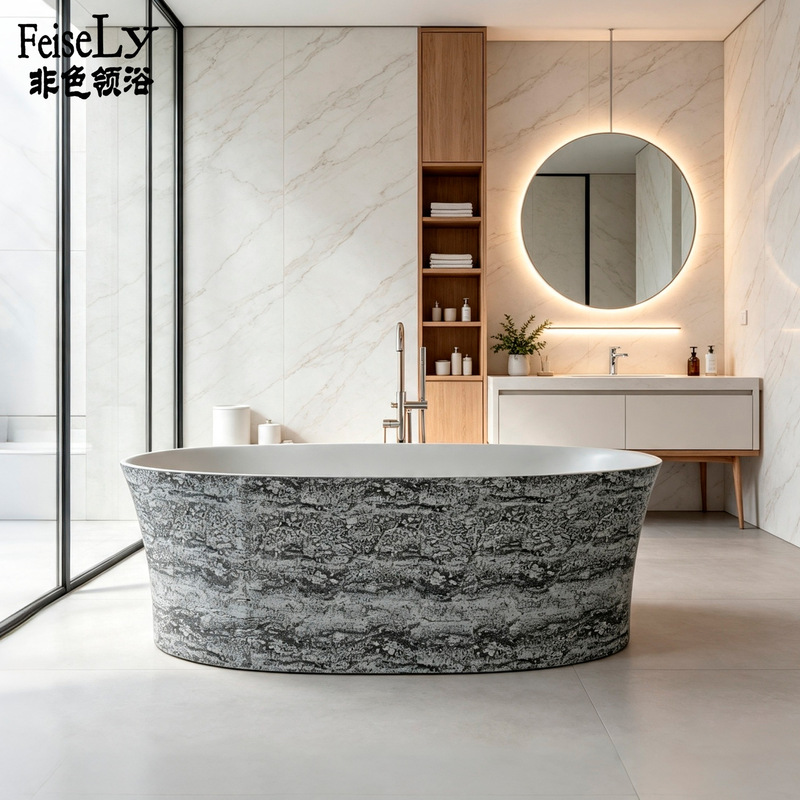 Designer-style travertine artificial stone bathtub, artistic oval shape, suitable for home, B&B, hotel, integrated freestanding deep soaking bath Designer-style travertine artificial stone bathtub, artistic oval shape, suitable for home, B&B, hotel, integrated freestanding deep soaking bath
