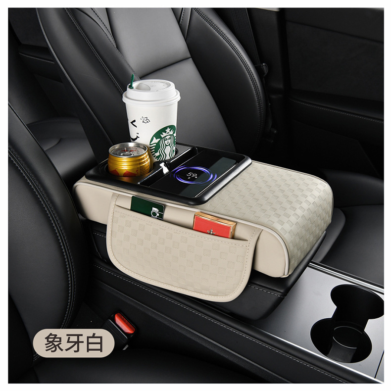 15W Wireless Charging Car Armrest Box Pad Storage Multifunctional Heightening Pad with Integrated Wireless Fast Charging for Mobile Phones