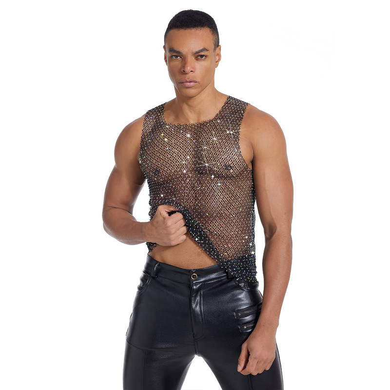Amazon European and American Party Men's Mesh See-Through Top with Rhinestones, Sexy Rhinestone Fishnet Cover-Up for Nightclub Wear