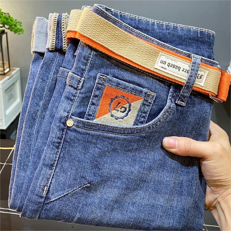2024 new light blue cropped jeans for men in spring, slightly loose slim fit, small ankle belt, casual long pants_voghion.com