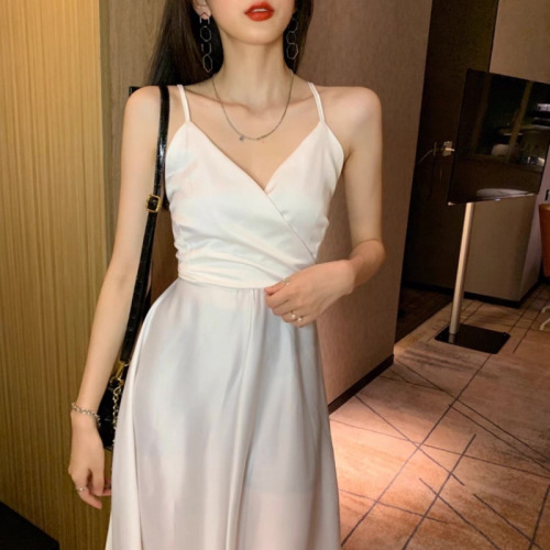 French-style sexy pure desire backless bow-neck white tank top dress for women summer beach vacation temperament long dress