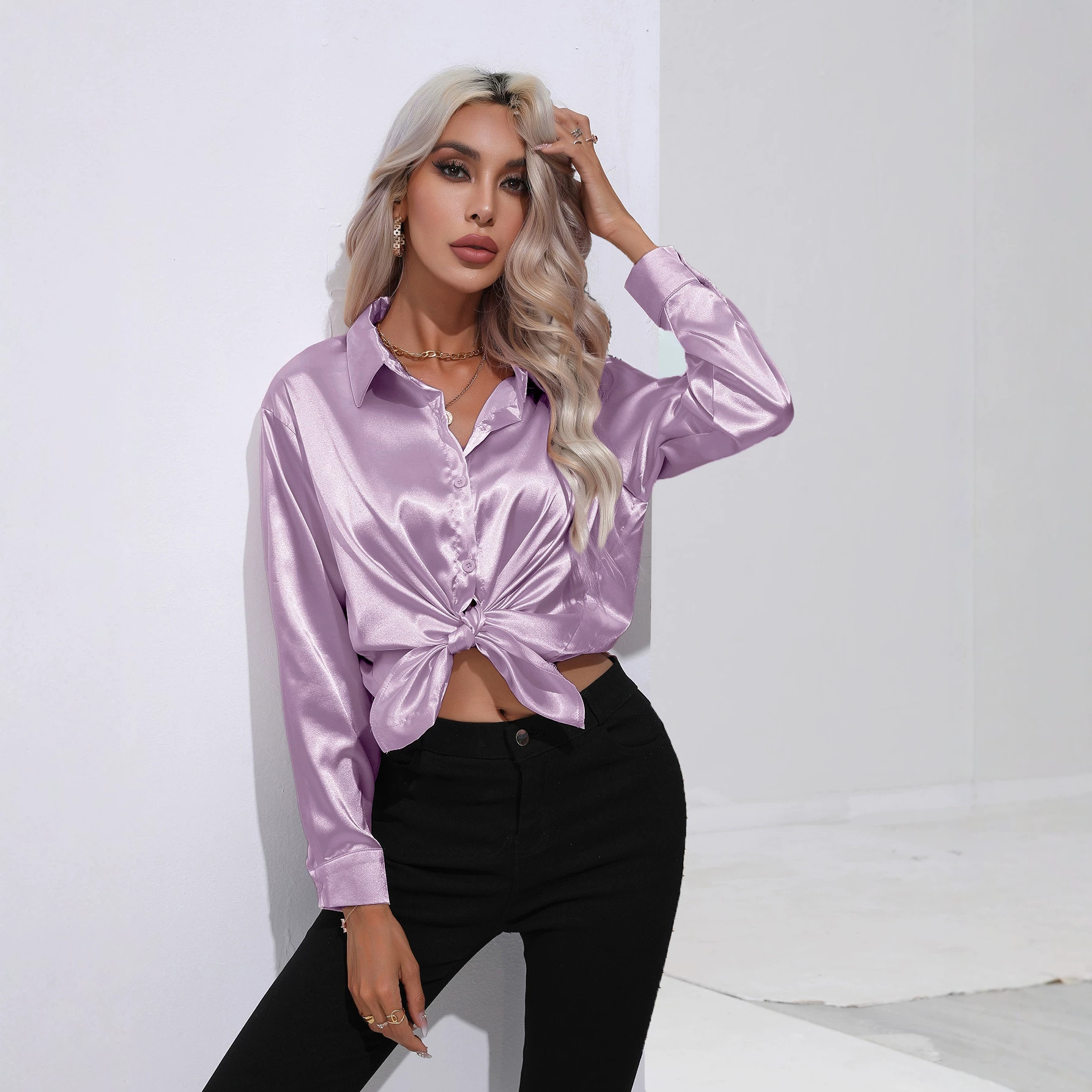 Explosions Real Shot Satin Shirt Women's Satin Silk Long Sleeve Shirt Spring and Summer New European and American Cross-border Women's Clothing