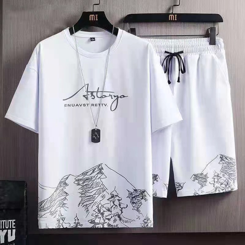 Summer Men's Printed T-Shirt Short-Sleeved Men's Suit with Oversize Trendy Casual Handsome Loose Ins Cross-Border