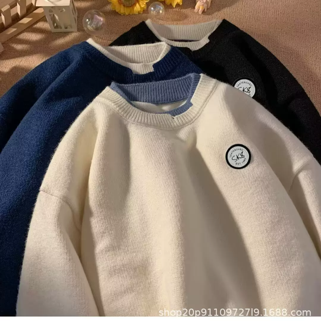 亚马逊外贸跨境假两件毛衣男秋冬新款时尚日系青年潮流打底针织衫