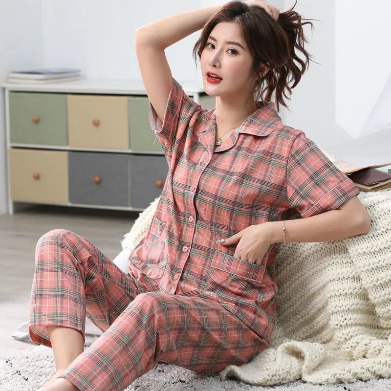 Pijamas de las mujeres de algodón de verano de manga corta pantalones más traje de tamaño de mediana edad y anciano madre ropa de casa Primavera, Otoño e Invierno