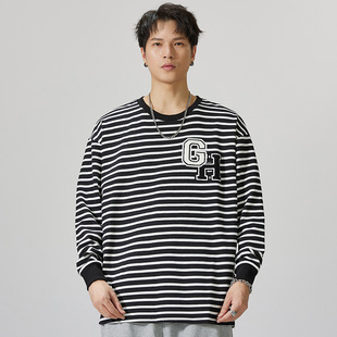 F2139 | Large size men's autumn and winter New 350g heavy black and white striped sweater loose crew neck embroidered jacket men