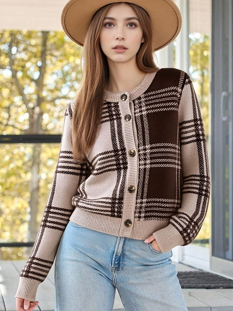 Suéter de estilo retro de una sola fila de hebilla a cuadrillas para mujeres 2025, nuevo estilo de otoño e invierno transfronterizo europeo