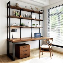 写字办公桌卧室简约书桌一体书架组合loft台式电脑桌实木双人家用
